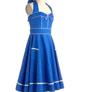 Blue and White Polka Dot Dress// Hell Bunny Vixen//Vintage, Retro, PinUp